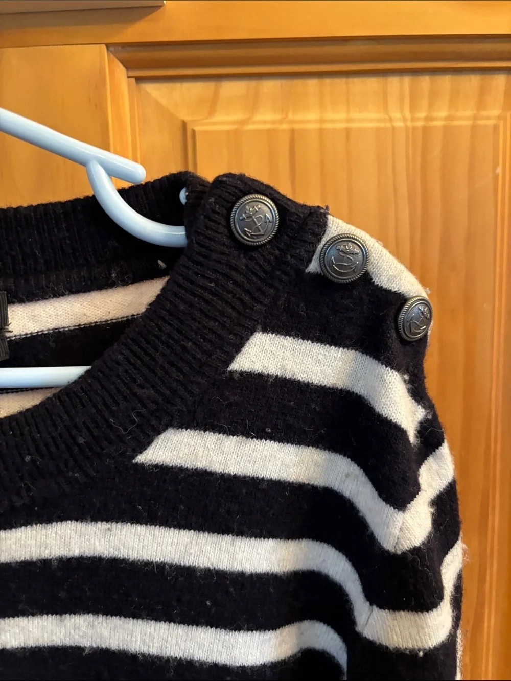 J. Crew Navy and White Striped Button-Shoulder Sweater